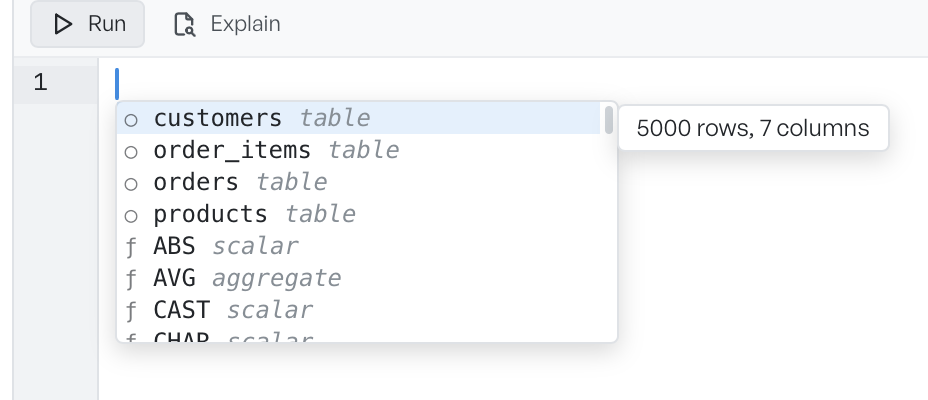 The editor's completion list showing tables and functions, with a tooltip giving a table's row and column counts