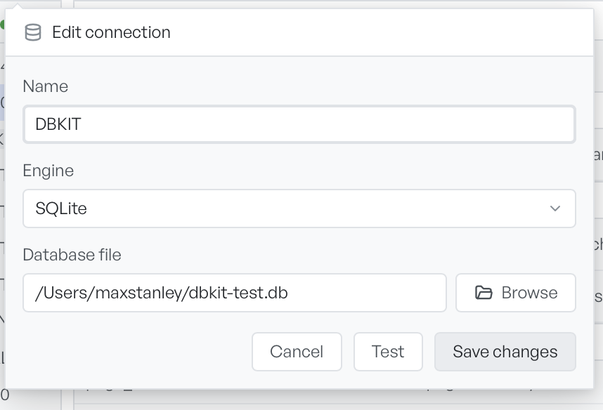 The Edit connection form for a SQLite database, showing the Database file path and a Browse button