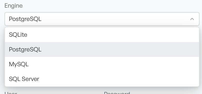 The Engine dropdown open, showing SQLite, PostgreSQL, MySQL, and SQL Server
