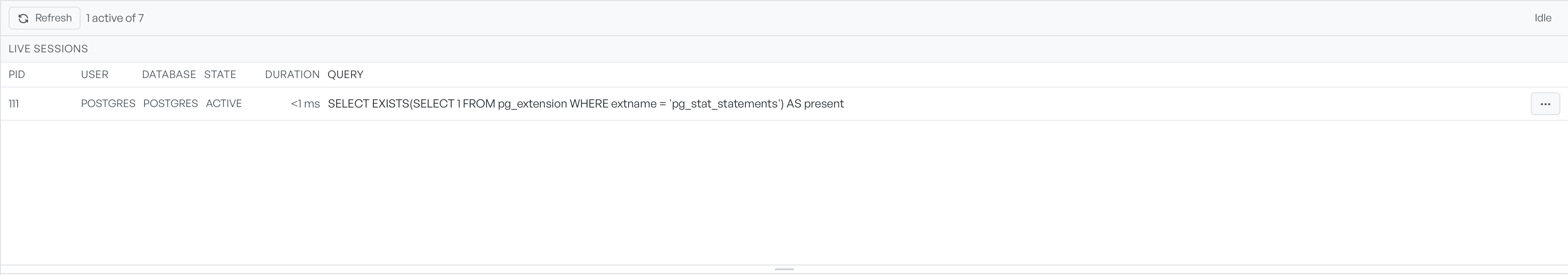 The Live sessions table with one active session running a query