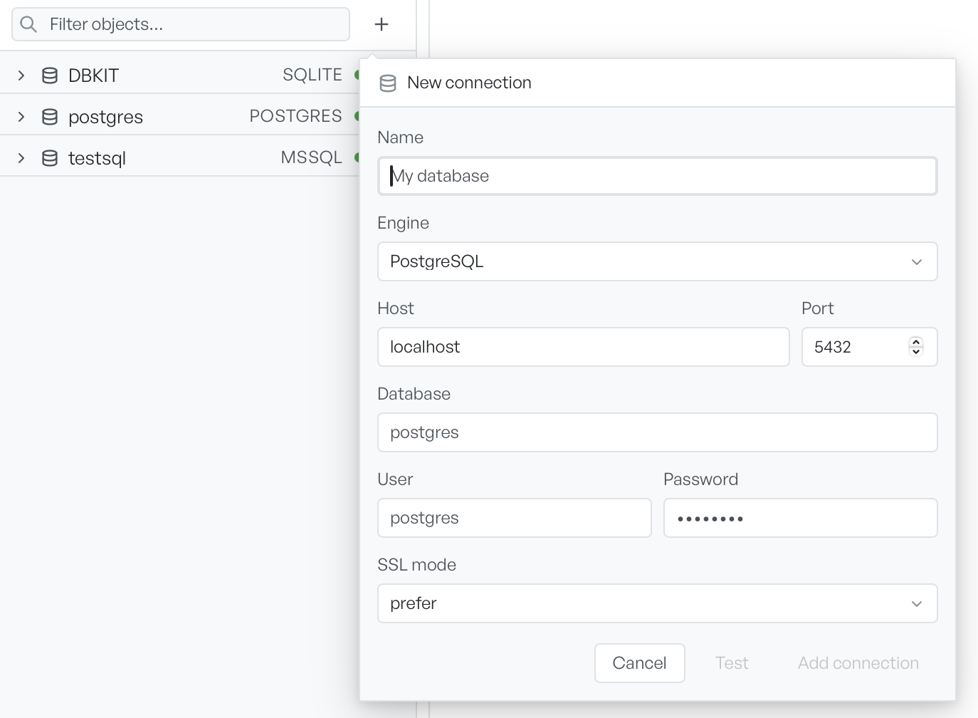 The New connection form set to PostgreSQL, with name, host, port, database, user, password, and SSL mode fields