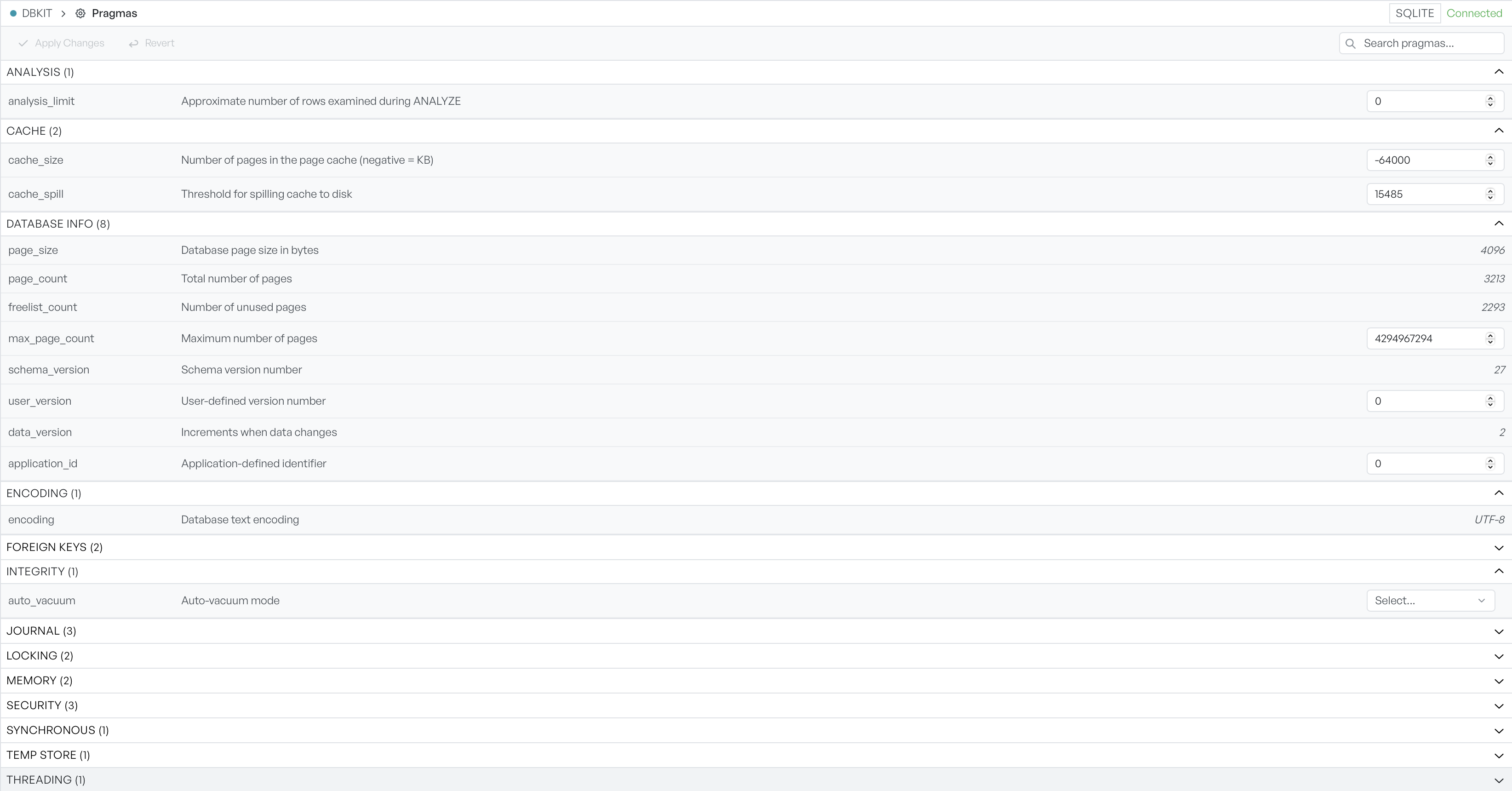 The Pragmas editor with settings grouped into collapsible categories such as Cache and Database info