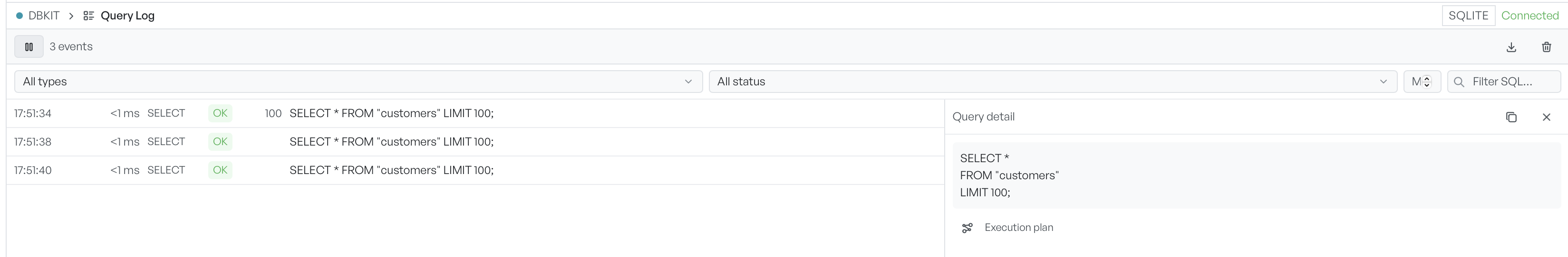 The Query Log with several captured statements and a detail panel open on the right
