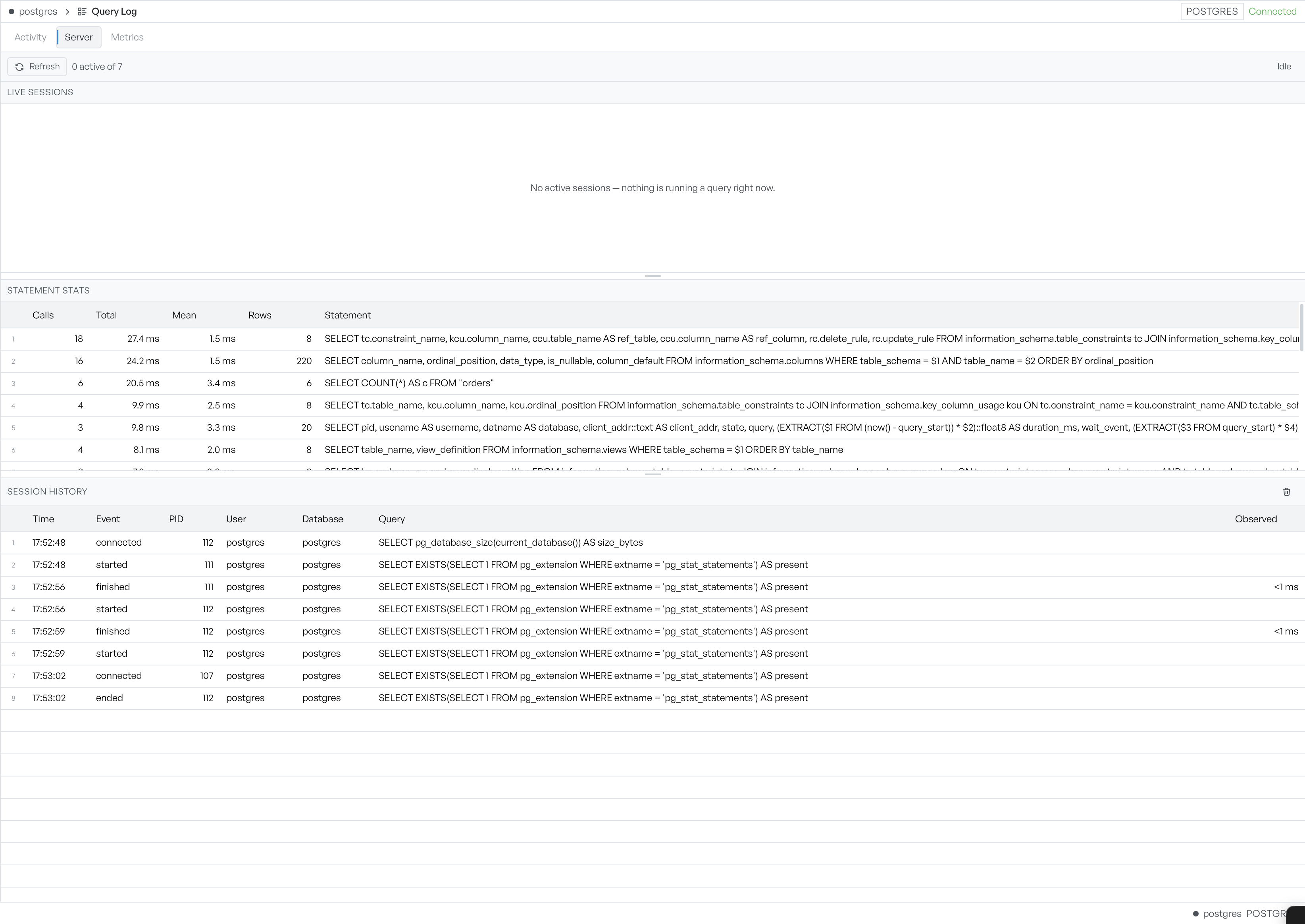The Server sub-view with Live sessions, Statement stats, and Session history sections