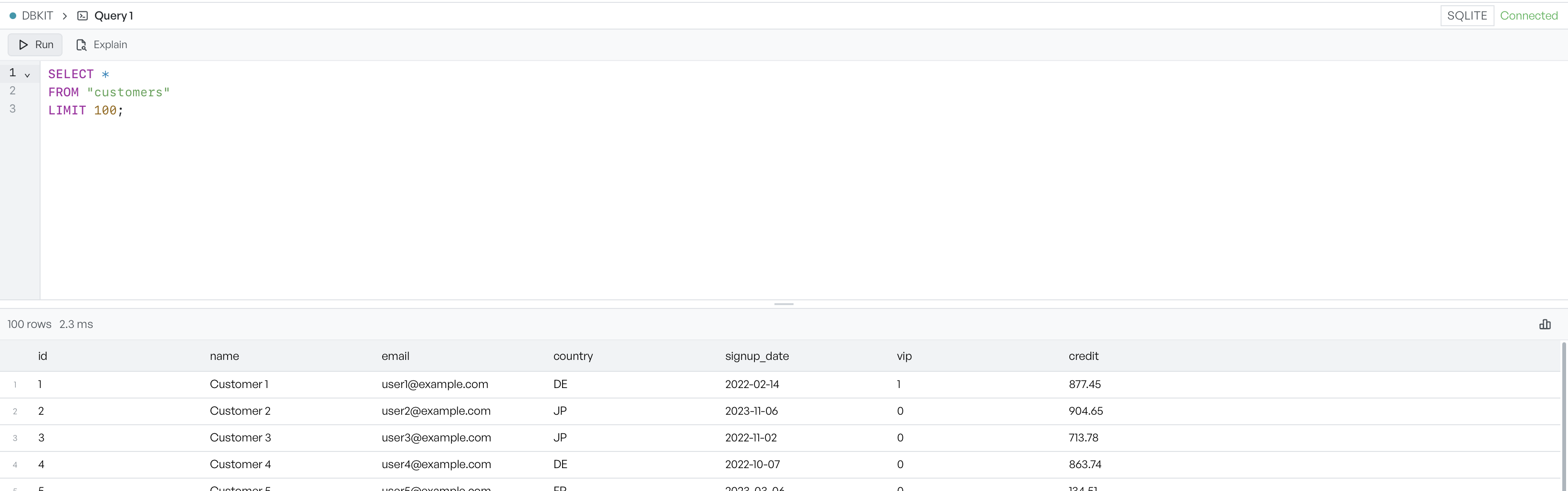 A SQL editor with a SELECT statement above a results grid, showing the row count and timing