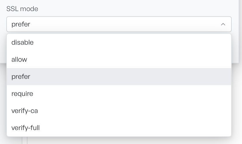 The SSL mode dropdown open, listing disable, allow, prefer, require, verify-ca, and verify-full