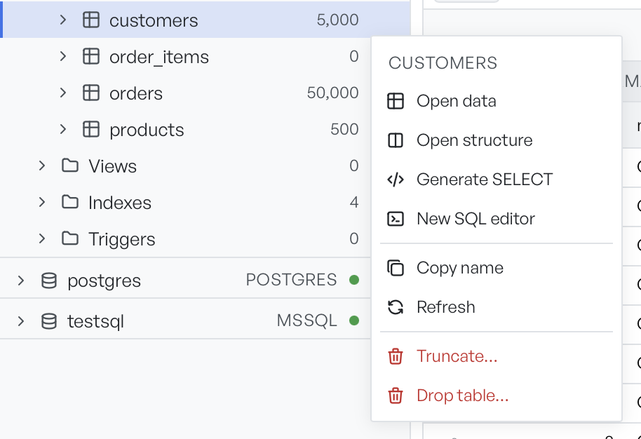 The right-click menu on a table, listing Open data, Open structure, Generate SELECT, and destructive actions