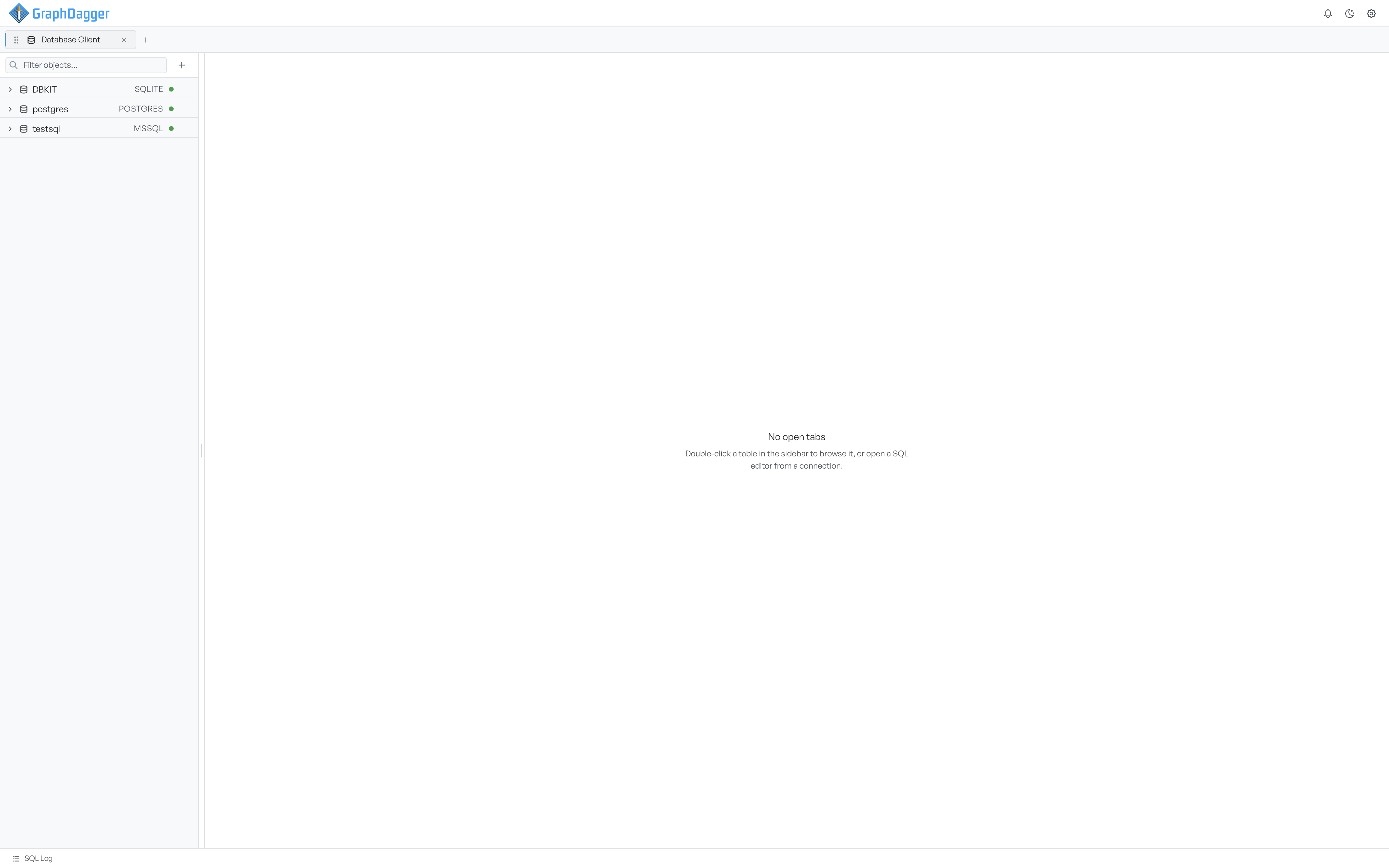 The Database Client workspace with three saved connections in the sidebar and no tabs open yet