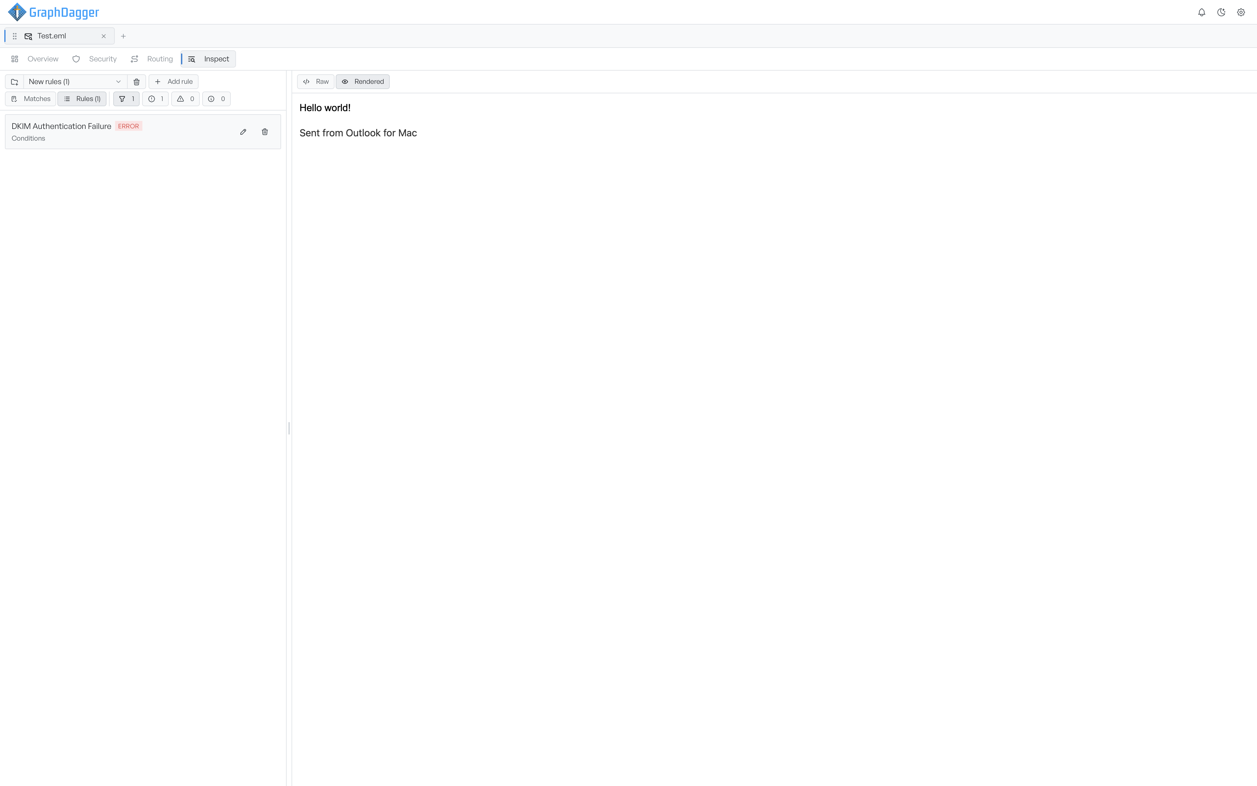 The Inspect tab with the Rendered view selected, showing a short message body