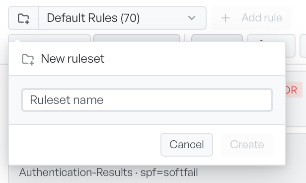 The New ruleset popover with a name field and a Create button