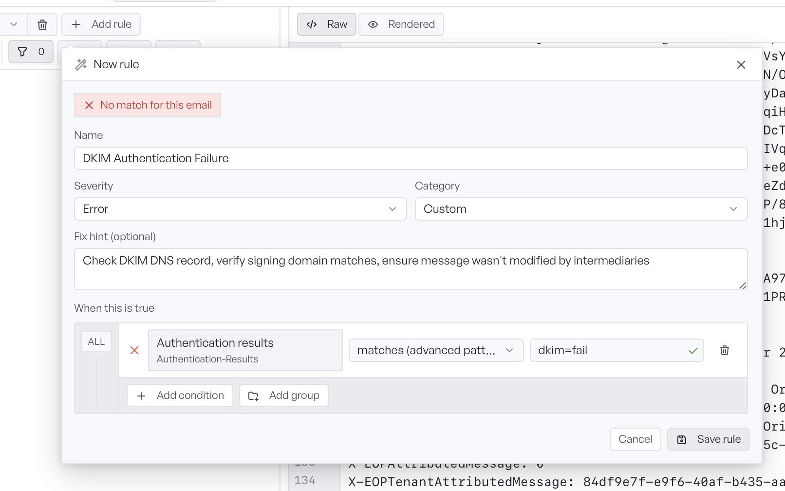 The rule builder with a name, severity, category, and a single condition on the authentication results header