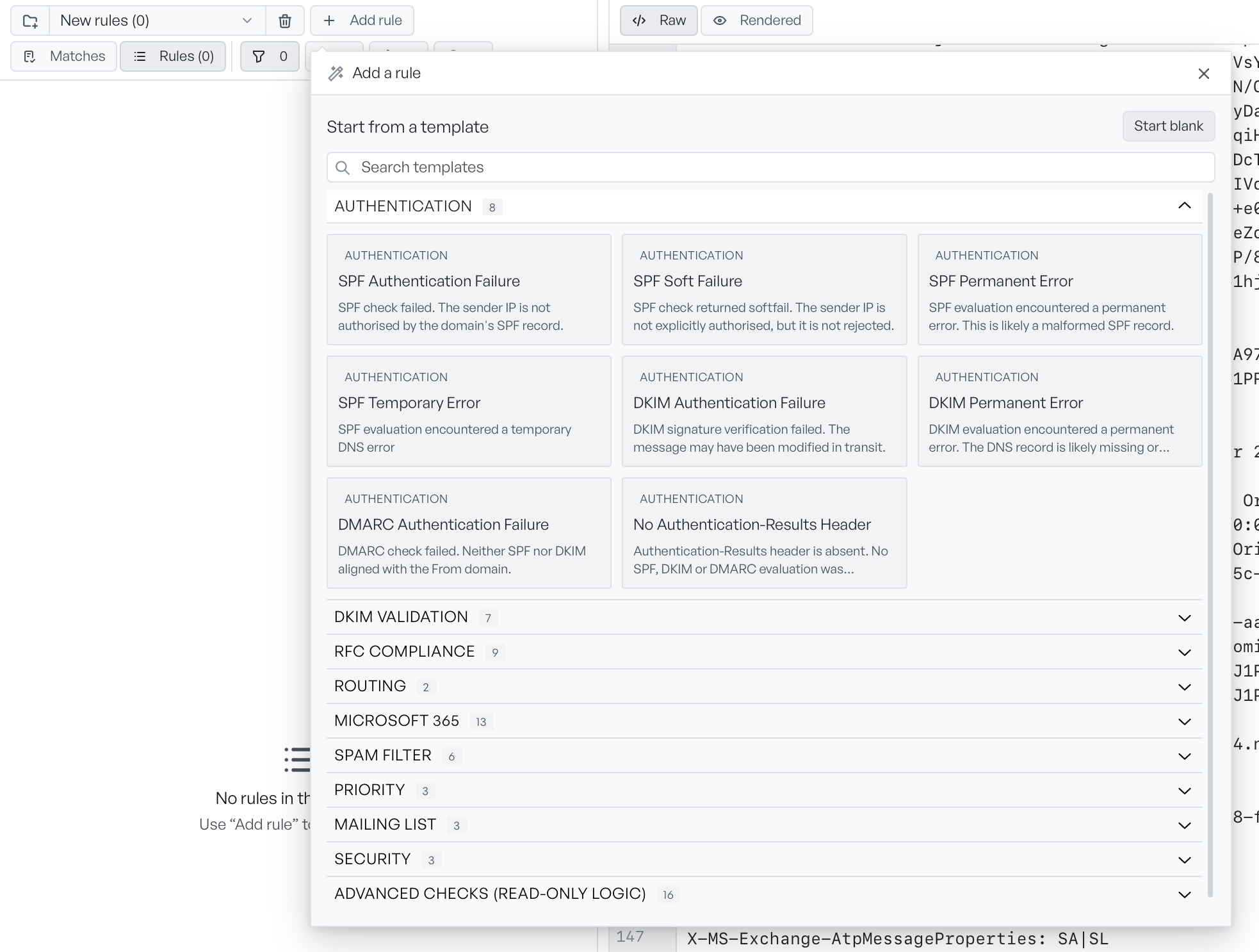 The Add a rule template gallery, with built-in checks grouped by category such as Authentication and DKIM Validation