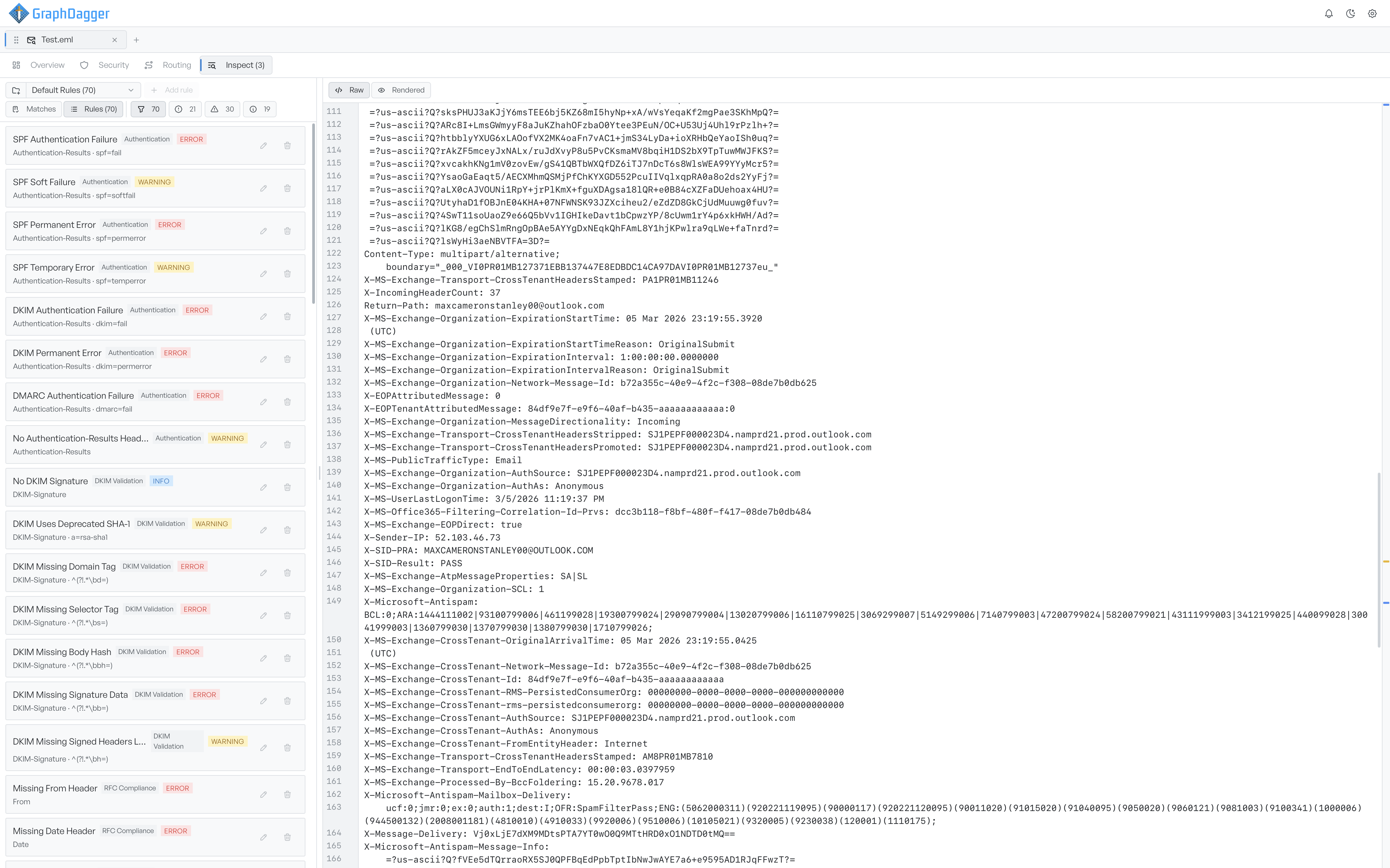 The Inspect tab on the Rules view, listing the built-in rules with their severity badges