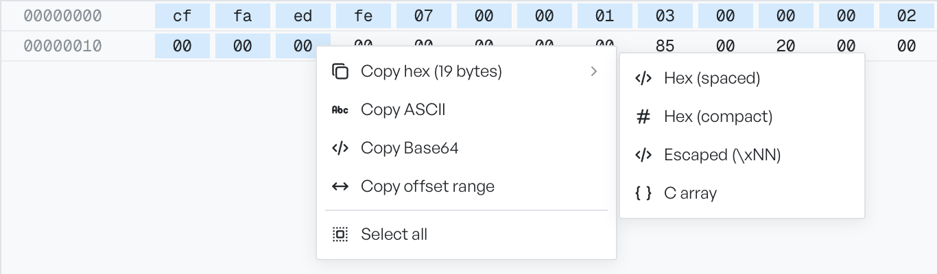 The hex bytes view with the right-click menu open, showing Copy hex with a submenu of Hex spaced, Hex compact, Escaped, and C array, plus Copy ASCII, Copy Base64, Copy offset range, and Select all