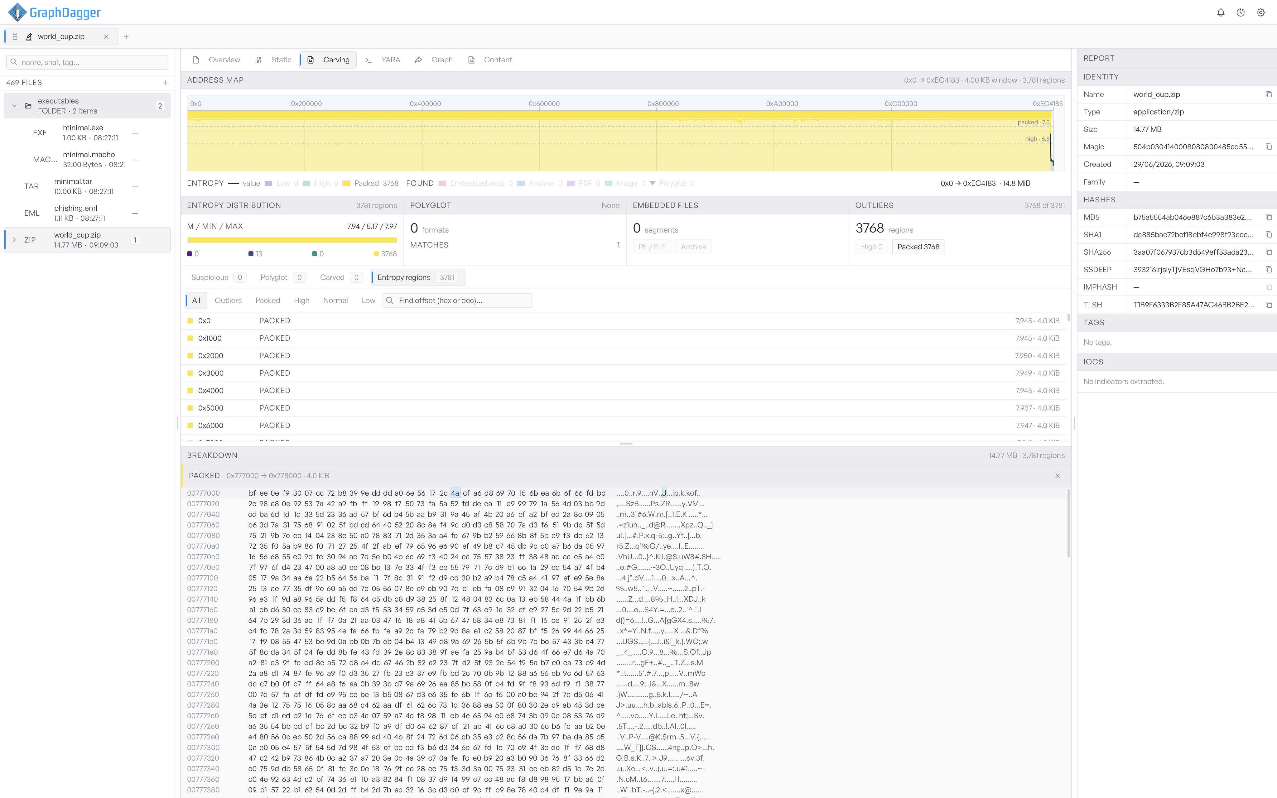 The hex bytes view showing the contents of a packed region, its head reading PACKED and the offset range, with hex columns on the left and ASCII on the right