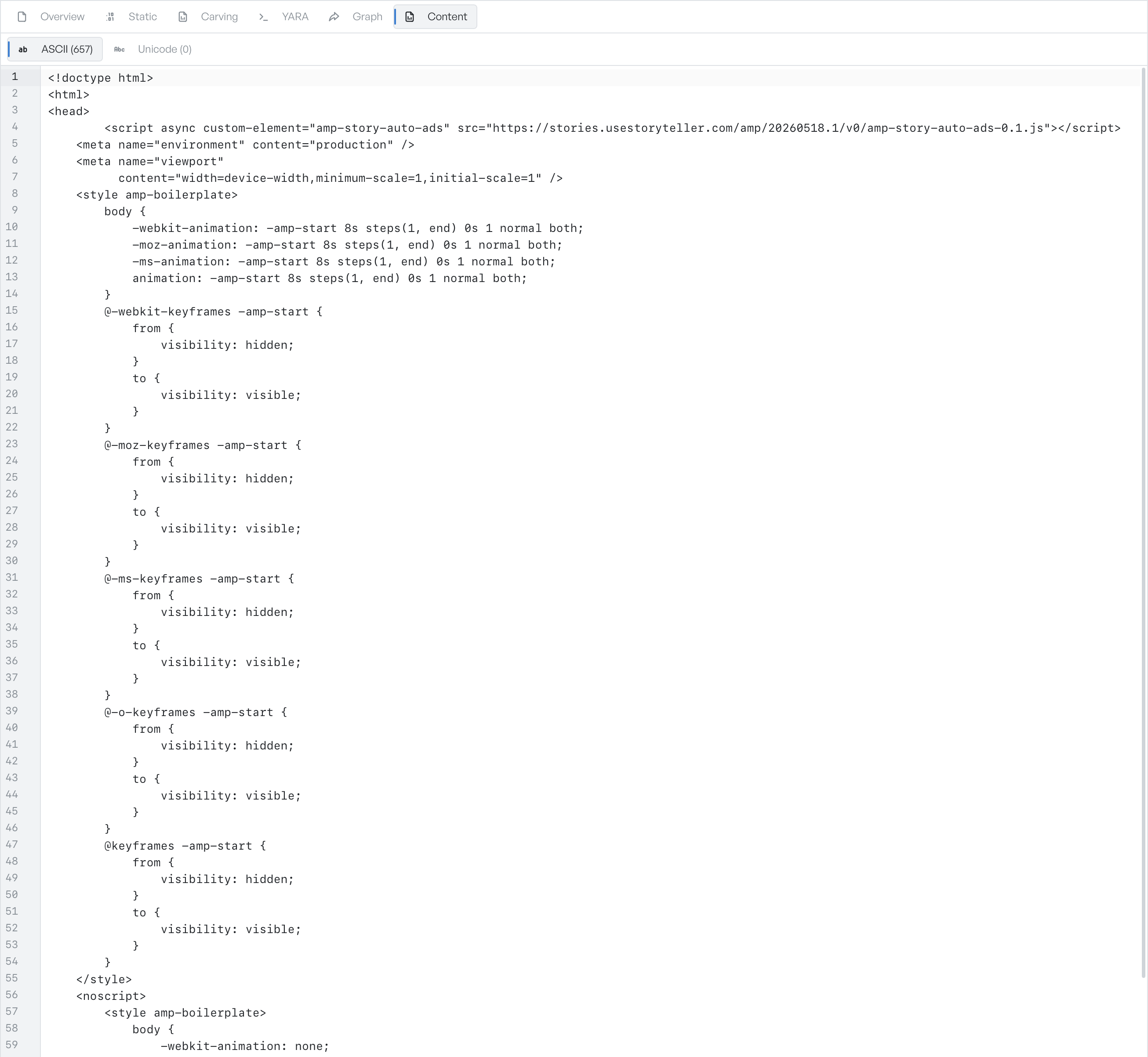 The Content tab with the ASCII sub-tab active and a long list of extracted strings shown in a read-only editor