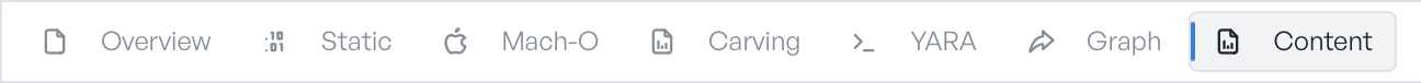 The centre tab bar with a Mach-O tab sitting between Static and Carving, alongside the always-present Overview, YARA, Graph, and Content tabs