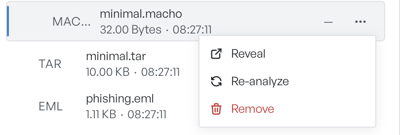 A queue row for a Mach-O file with its actions menu open, showing Reveal, Re-analyze, and Remove