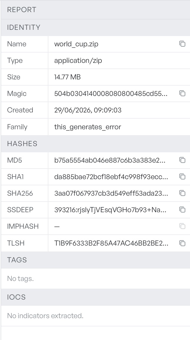 The report panel for an analysed ZIP archive, showing the Identity, Hashes, Tags, and IOCs sections