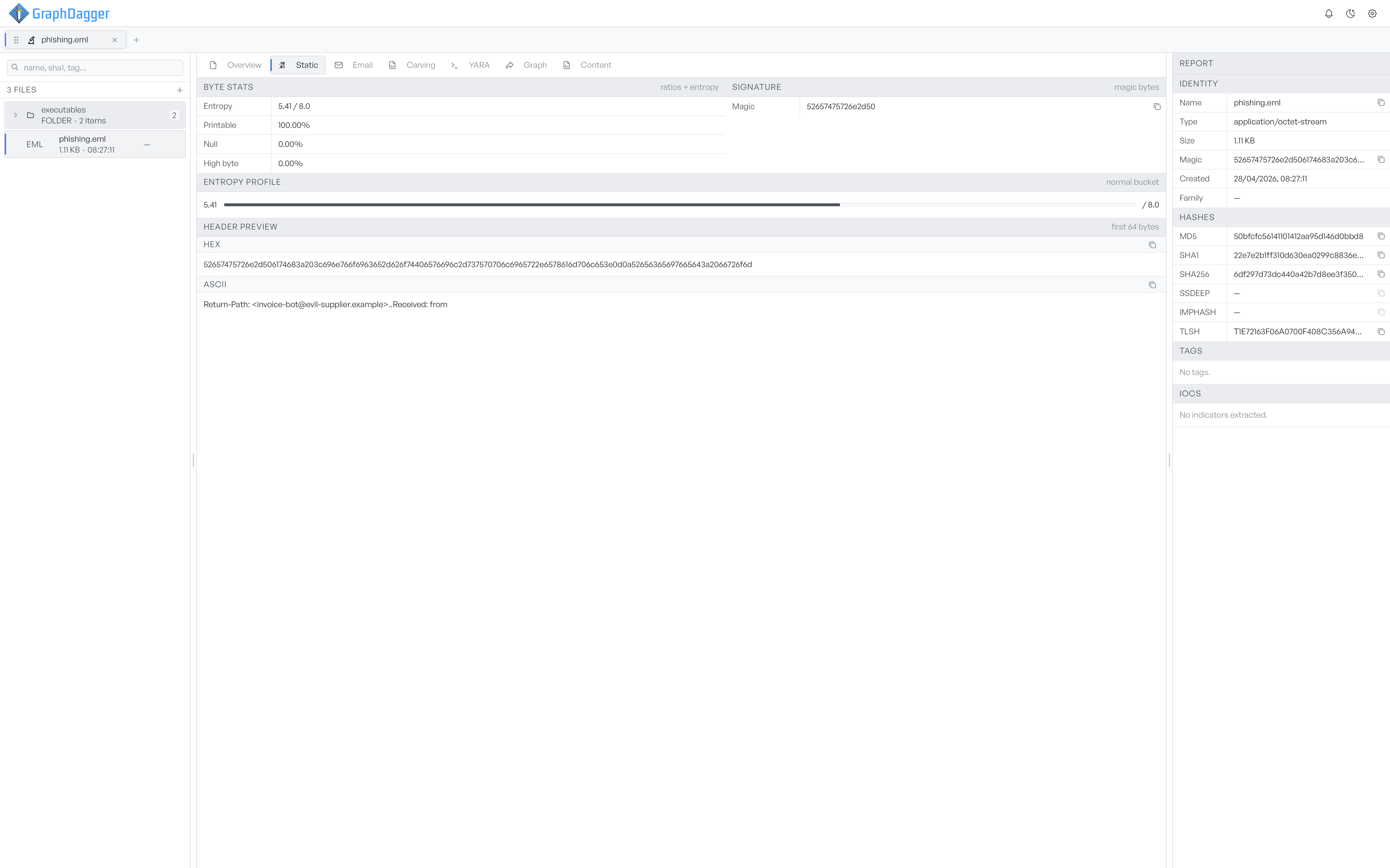 The Static tab showing the Byte stats card, the Signature card, the Entropy profile bar, and the Header preview with hex and ASCII rows