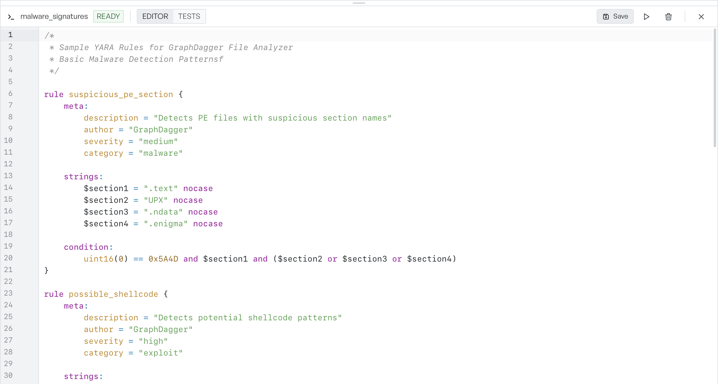 The YARA editor opened on the malware_signatures pack, with the READY badge, the EDITOR and TESTS toggle, a Save button, and the rule source showing suspicious_pe_section and possible_shellcode