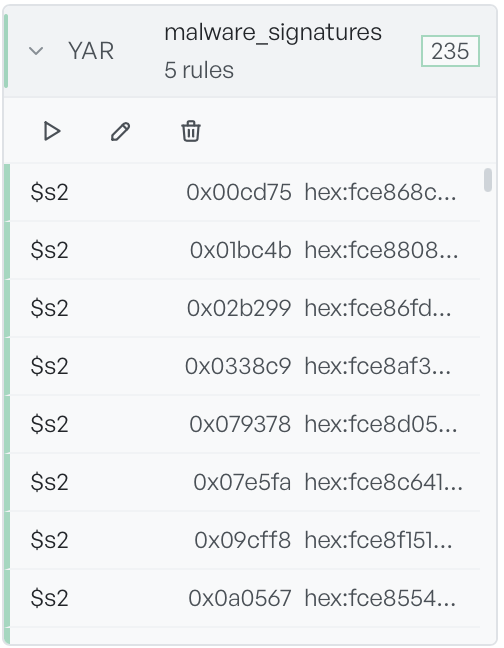 The malware_signatures pack expanded in the sidebar, showing a match-count badge of 235 and a list of string matches, each with its variable name and offset