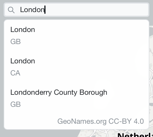 The location search box with London typed in and three matching places listed underneath, credited to GeoNames