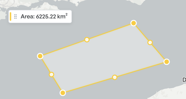 An area measurement drawn as a four-sided polygon on the map, labelled 6225.22 square kilometres
