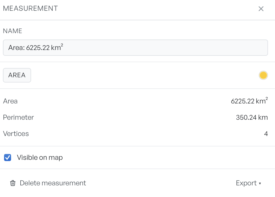 The measurement inspector showing a named area measurement with its area, perimeter and vertex count, a visibility checkbox, and delete and export controls