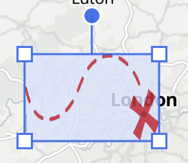 An image overlay selected on the map, showing corner resize handles and a rotation handle above it