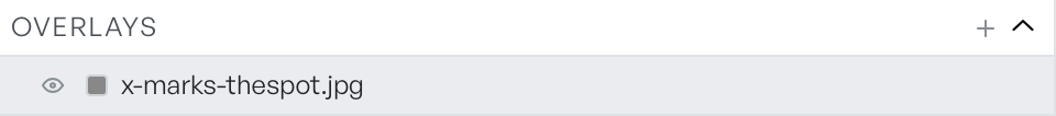 The Overlays section of the Layers panel listing an image overlay named x-marks-thespot.jpg with a visibility toggle