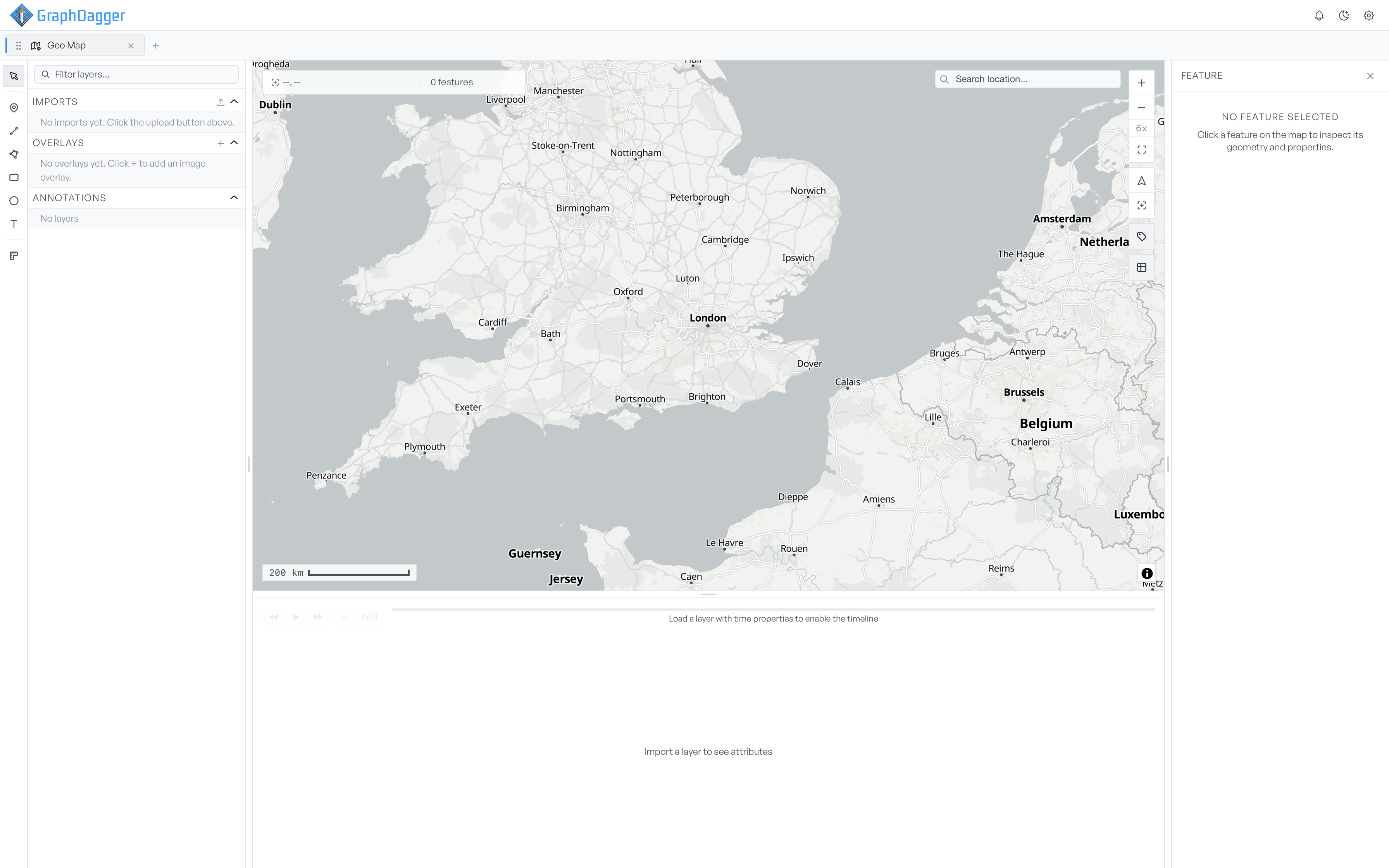 The empty Geo Map workspace with the tool palette on the left, the Layers panel showing Imports, Overlays and Annotations, and the inspector reading no feature selected