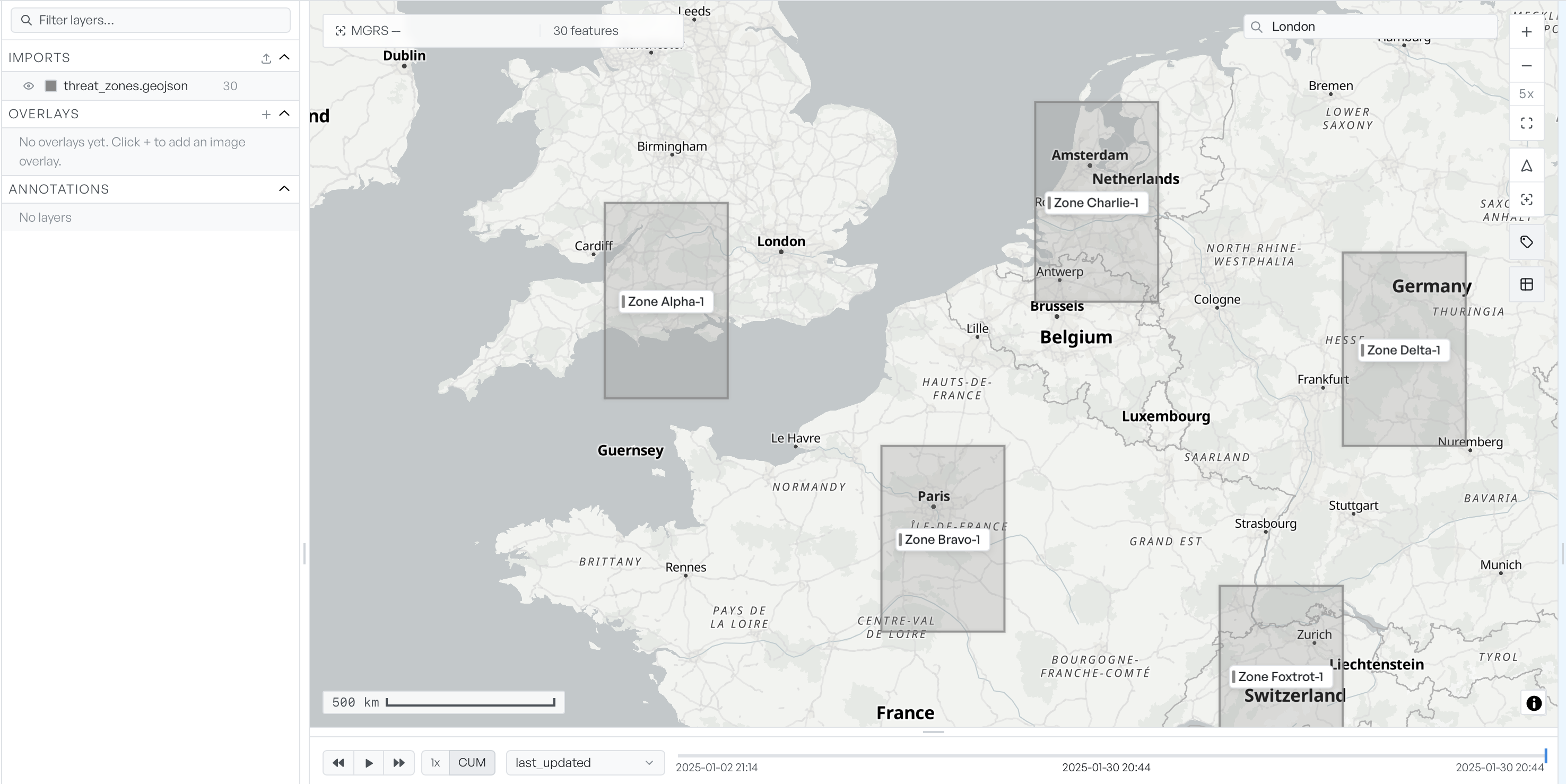 The Geo Map workspace with a GeoJSON layer of thirty labelled polygons loaded, the layer listed under Imports, and the timeline active at the bottom