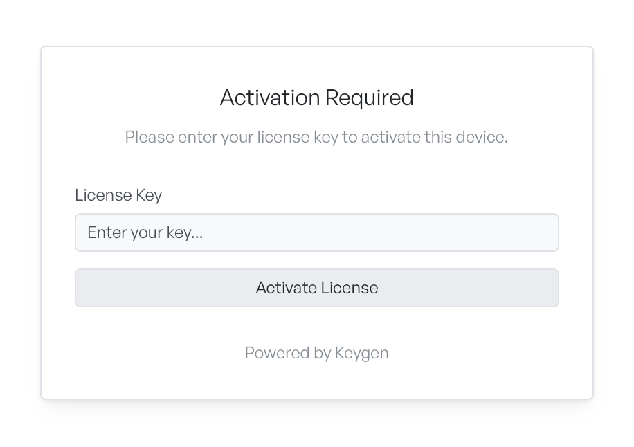 The activation screen, with the Activation required heading, a licence key field, and the Activate licence button
