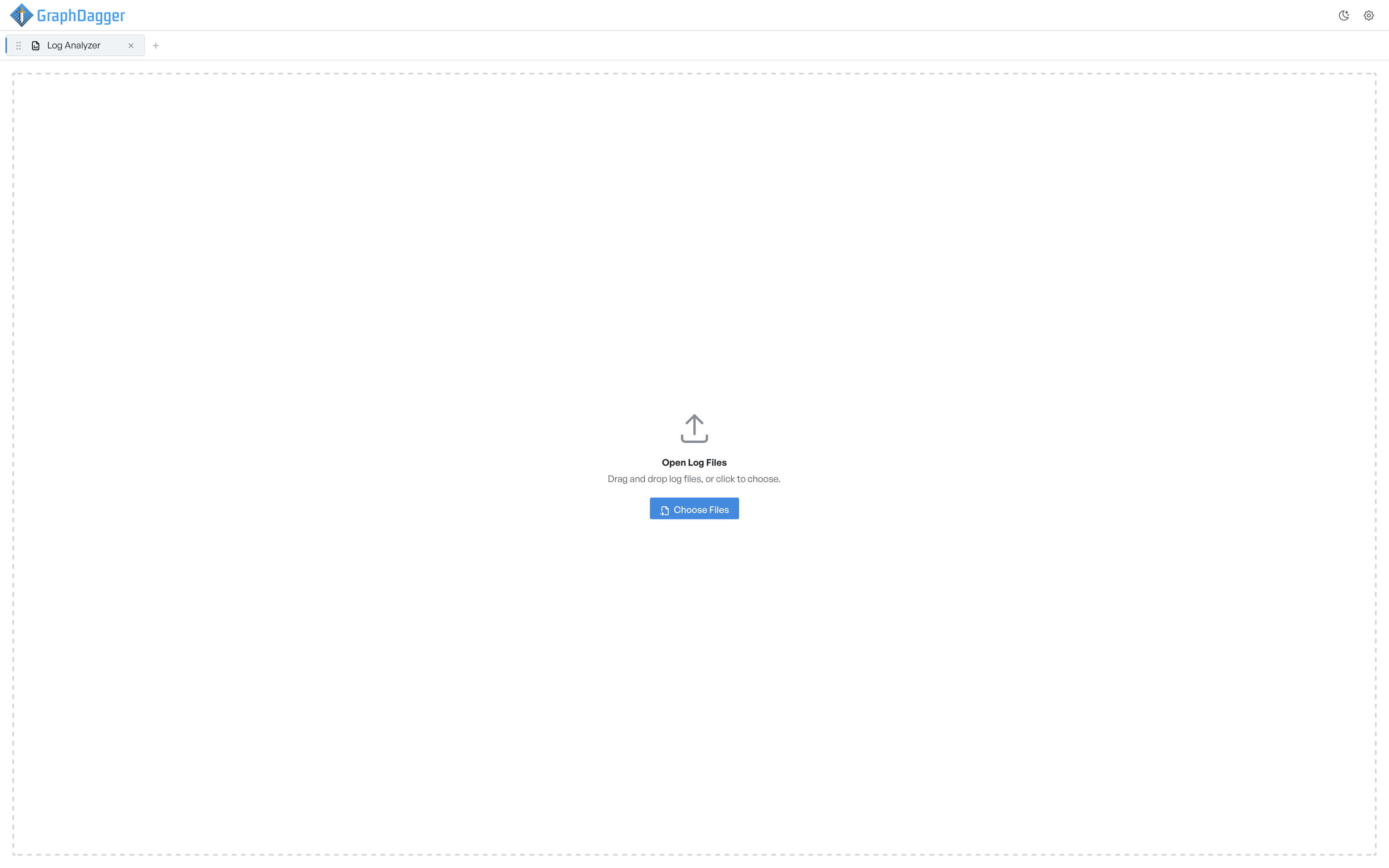 The empty Log Explorer workspace with a dashed drop zone and a Choose Files button