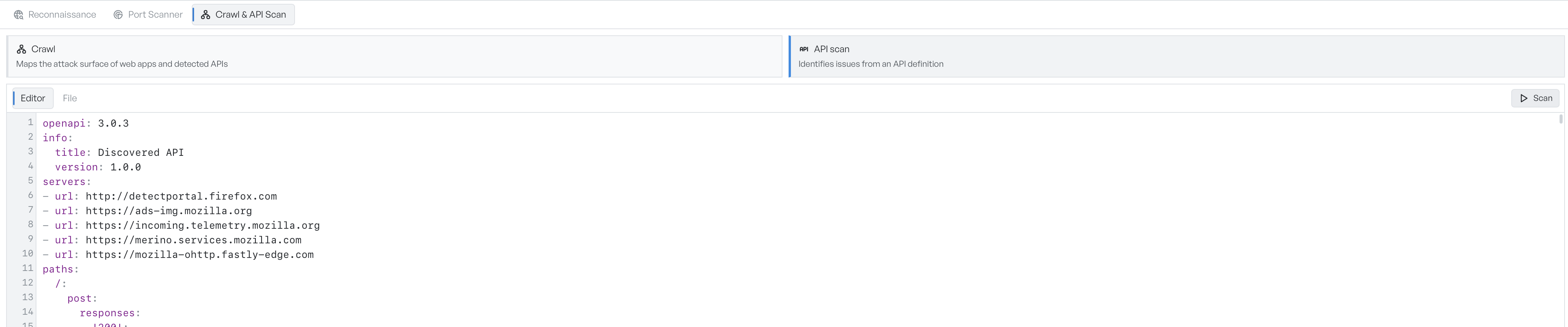The Editor tab holding an OpenAPI 3.0.3 definition in YAML, with the Scan button at the top right