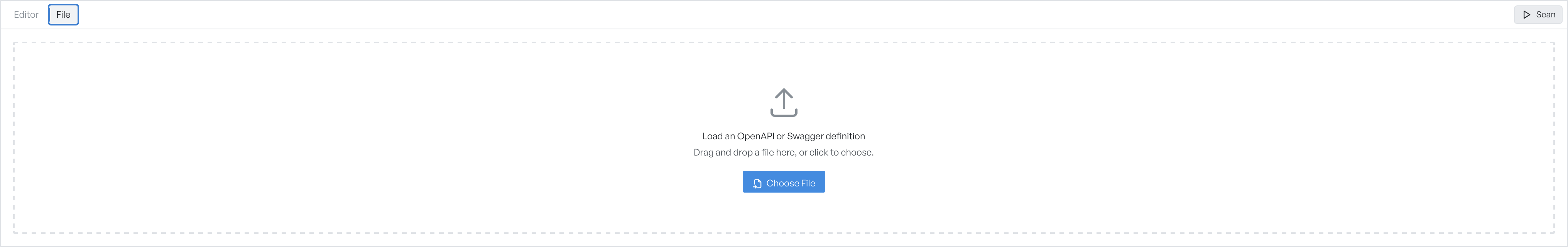 The File tab prompting to load an OpenAPI or Swagger definition by drag and drop or by choosing a file