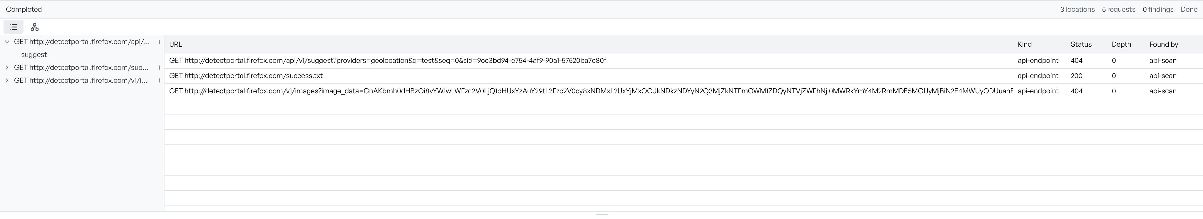 A completed API scan listing three endpoint locations with their status codes, all recorded as found by api-scan
