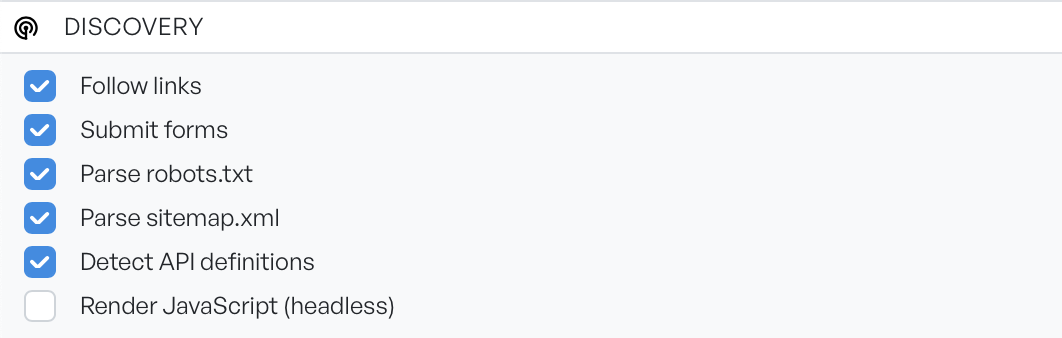 The Discovery panel with Follow links, Submit forms, Parse robots.txt, Parse sitemap.xml and Detect API definitions ticked, and Render JavaScript unticked