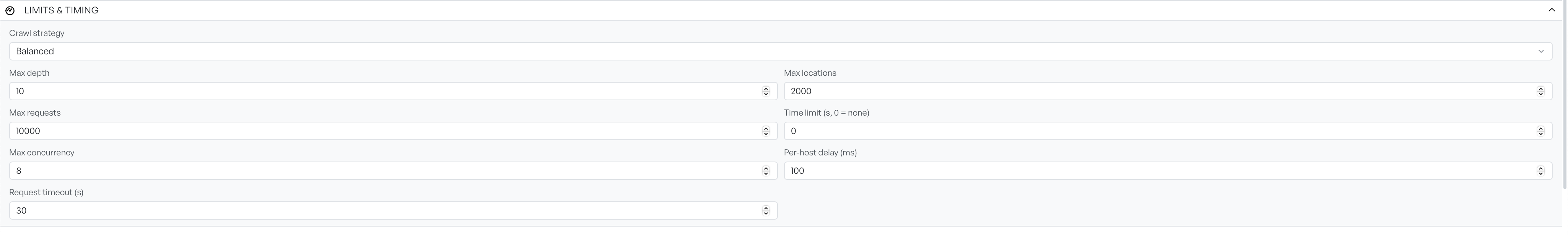 The Limits and timing panel showing the Balanced crawl strategy and the default depth, location, request, concurrency, delay and timeout values