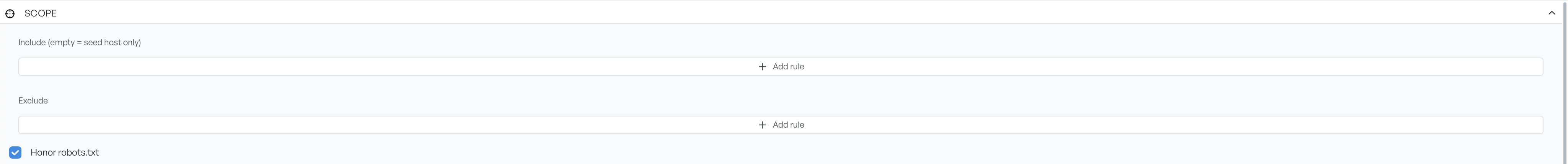 The Scope panel with empty Include and Exclude rule lists and the Honor robots.txt checkbox ticked
