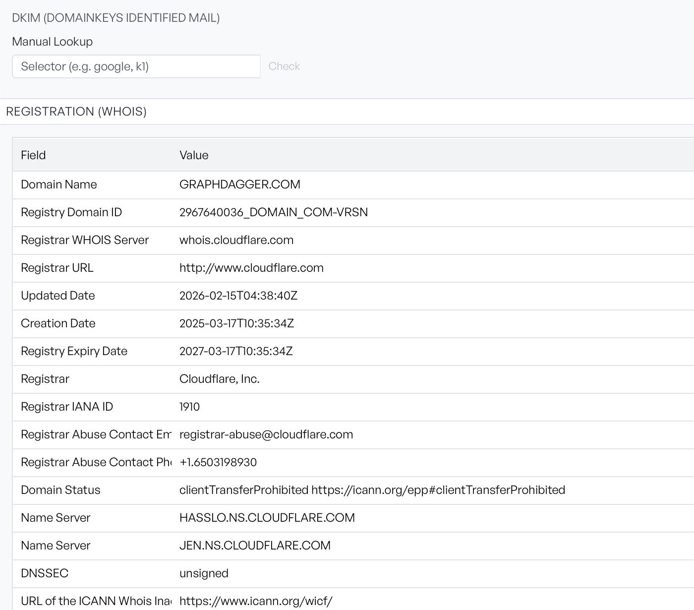 The DKIM section with its manual selector lookup, above the Registration (WHOIS) field table