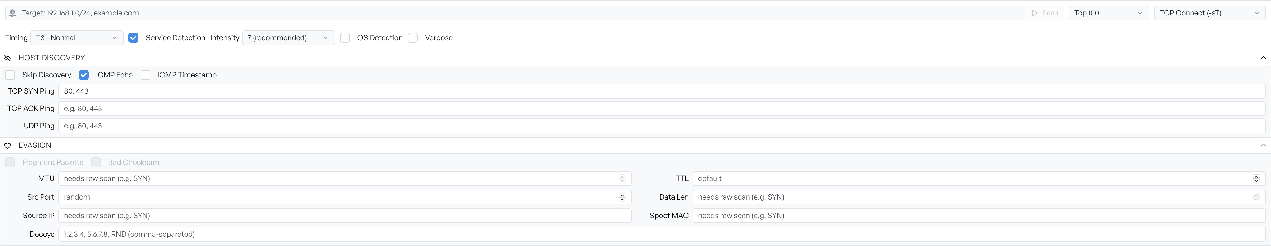 The Port Scanner configuration bar with the target field, timing, service detection, port preset and scan technique controls, above the expanded Host Discovery and Evasion panels