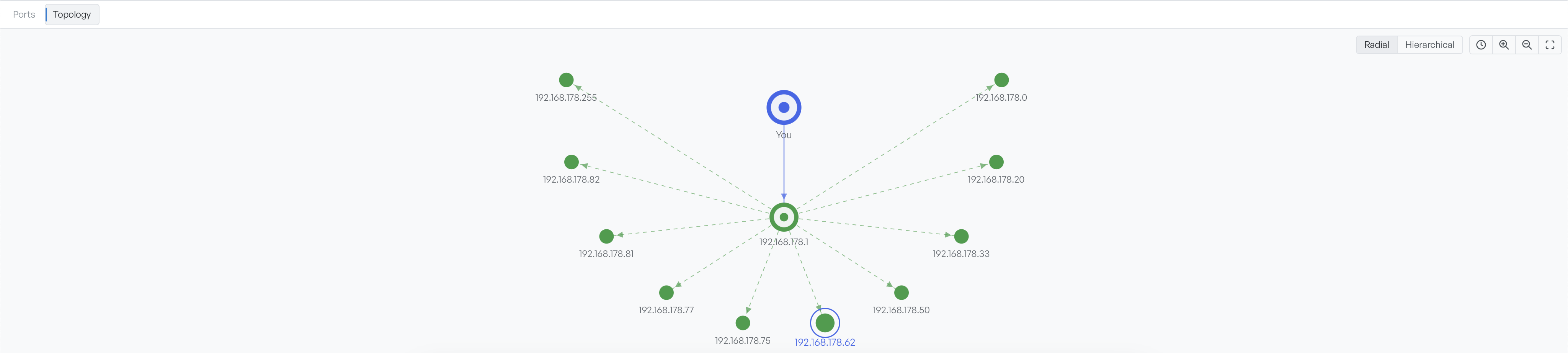 The Topology tab in radial layout, with the You node above a gateway and eleven discovered hosts arranged around it