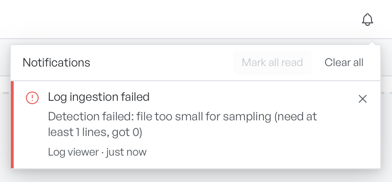 The notification centre showing an error from the log viewer, with its detail and source