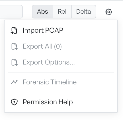 The toolbar's cog menu open with Import PCAP at the top, followed by disabled Export All (0), Export Options, and Forensic Timeline entries while the workspace is empty, and Permission Help at the bottom