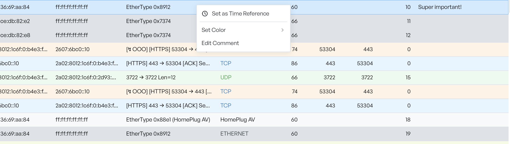 The packet list right-click menu open over a selected row, showing Set as Time Reference, Set Color with a submenu arrow, and Edit Comment, with a Comment column reading 'Super important!' on the row behind it