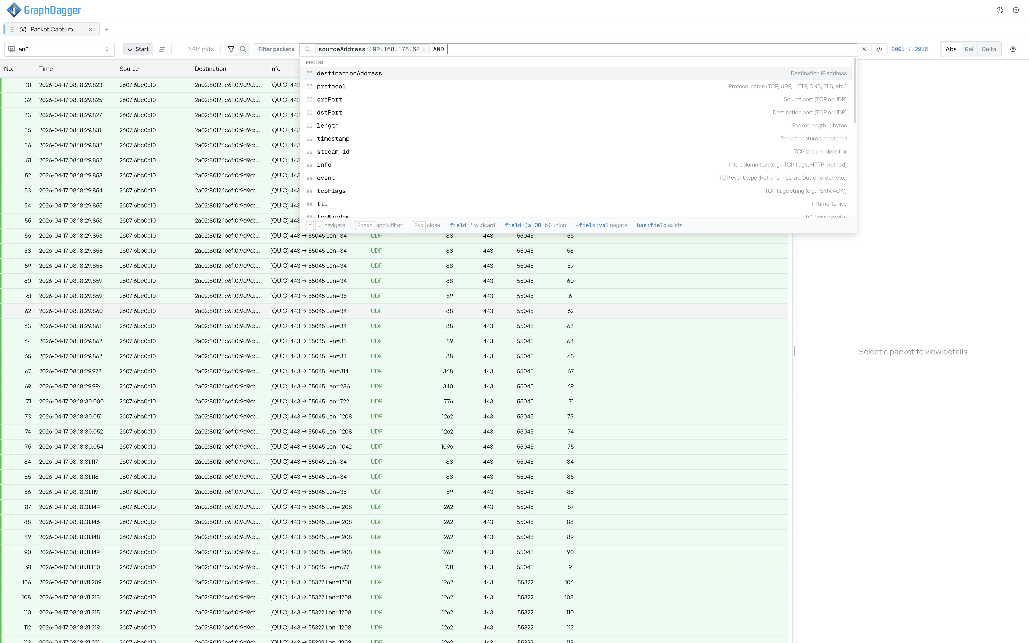The filter bar with the autocomplete menu open, showing the available fields with a one-line description of each, and a hint row at the bottom for navigation, wildcards, unions, negation, and existence