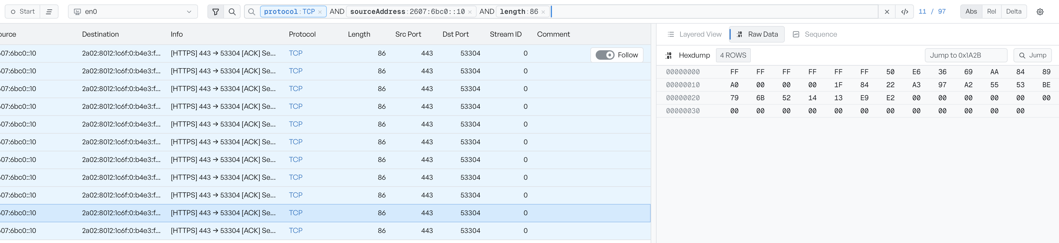 The filter bar with three committed pills, protocol:TCP, sourceAddress:2607:6bc0::10, and length:86, joined by AND pills, with the 11 / 97 match count on the right