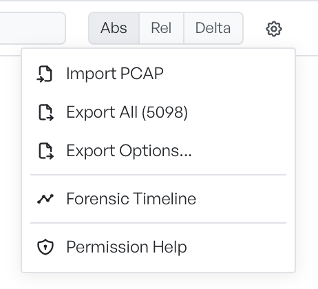 The toolbar's actions menu open, showing Import PCAP, Export All, Export Options, Forensic Timeline, and Permission Help; Forensic Timeline opens this view